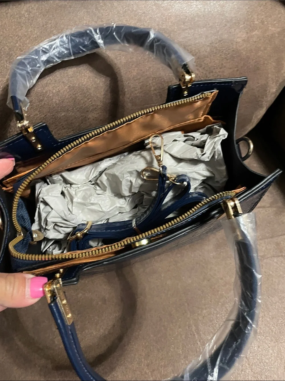 Croc-Embossed Navy Top-Handle Satchel with Removable Strap